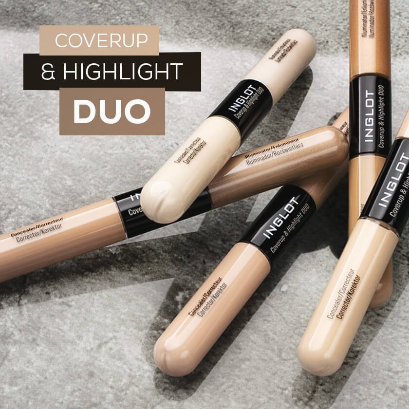 Cover unwanted imperfections and add a subtle glow on the go with irreplaceable INGLOT Coverup & Highlight Duo.
